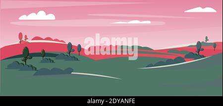 Fields landscape vector illustration. Landscape background. Sunset view Stock Vector