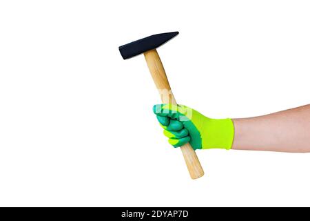 Big hammer in male hand with glove for working in the garden isolated on white background. Stock Photo