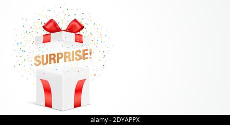 Open white gift box with exploded confetti, and Surprise message, isolated on a white background with copy space. Horizontal vector banner of the mystery box, for prize offer promotion. Stock Vector