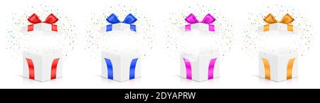 Set of open white gift boxes with different color ribbons, and exploded colorful confetti, isolated on background. Vector mystery box with empty space, for an object, or text placement. Stock Vector