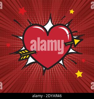 Heart pierced with arrow vector illustration. Red comics background with heart. For flyer, banner, poster, invitation. Stock Vector