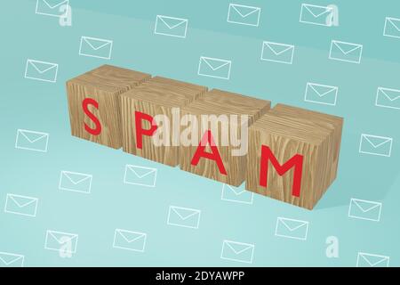SPAM Word on Wooden Cubes 3D Illustration Stop Spam Concept. Stock Photo