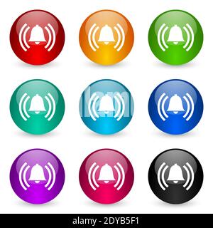 Alarm vector icons, set of colorful glossy 3d rendering ball buttons in 9 color options Stock Vector