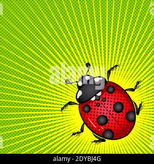 Cartoon colorful ladybug beetle on a green background. Vector bright color pop art illustration. Insect beetle poster in retro style. Illustration for print Stock Vector