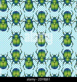 Cartoon colorful bright green beetle on a blue background. Seamless pattern. Vector illustration in pop art style. Texture for print, banner, textile, wrapping paper Stock Vector