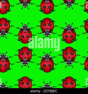 Cartoon colorful bright ladybug beetle on a green background. Seamless pattern. Vector illustration in pop art style. Texture for print, banner, textile, wrapping paper Stock Vector