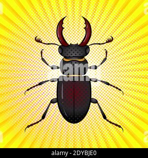 Cartoon colorful beetle deer on a yellow background. Vector bright color pop art illustration. Insect beetle poster in retro style. Illustration for print Stock Vector