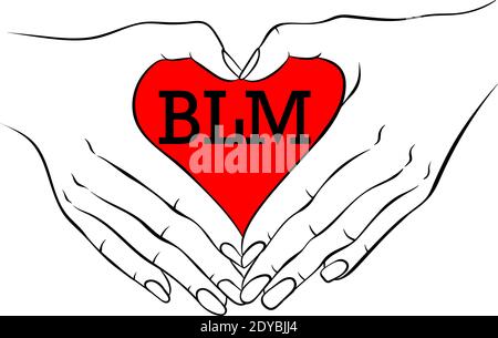 Black lives matter hand drawn poster. Campaign against racial discrimination of dark skin color. Two hand people make hearts signs. Vector illustration isolated on white background Stock Vector