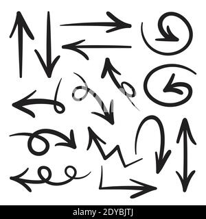 Collection of hand drawn doodle style arrows in various directions and styles., Vector arrows sets isolated on white background. Stock Vector