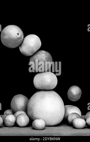 Monochrome falling tower of citruses, oranges, pomelo, limes, tangerines and grapefruits isolated on black background Stock Photo