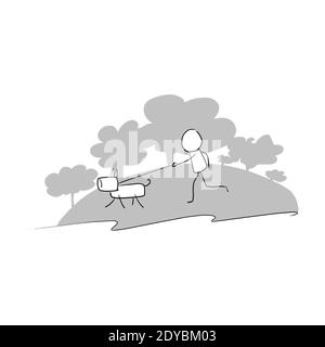 funny character man running with dog on gray silhouette trees vector illustration doodle hand drawn with black lines isolated on white background Stock Vector