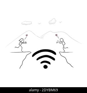 funny character lovers coming together with wifi connection vector illustration doodle hand drawn with black lines isolated on white background Stock Vector