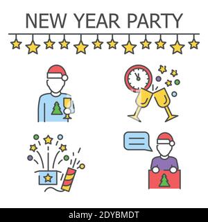 New year party color line icons set. Pictograms for web page, mobile app, promo. Stock Vector