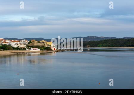 view of the castle and village of Milfontes and the Mira River Stock Photo