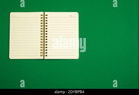 Notepad for notes on a simple green background, flat design, top view, copy space, workplace photo Stock Photo