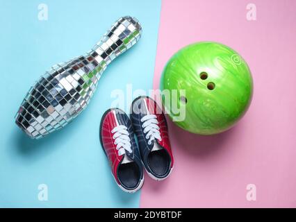 Bowling Shoes Disco Mirror Skittle And Bowling Ball On Blue Yellow