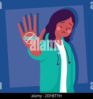 afro young woman victim of bullying with stop signal vector illustration design Stock Vector