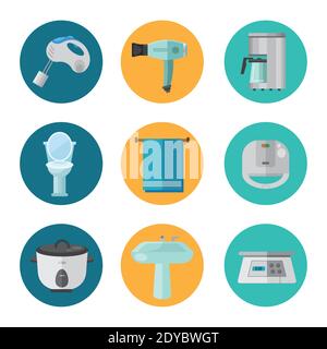 bundle of nine appliances and bathroom set flat style icons vector illustration design Stock Vector