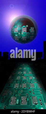 An "electronic bubble" floating above a"digital world".. Stock Photo