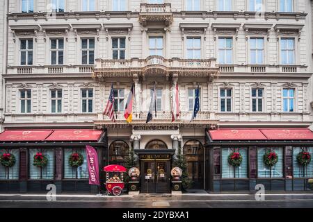 Vienna, Austria - Decembter 19 2020: Hotel Sacher Entrance, famous for its chocolate cake. Stock Photo