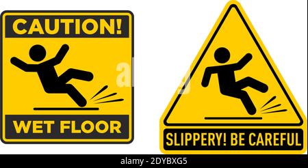 Wet Floor sign, yellow triangle and square with falling man. Isolated vector illustration on transparent background Stock Vector