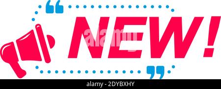 New labels. Speech bubbles with megaphone icon. Advertising and marketing sticker. Stock Vector