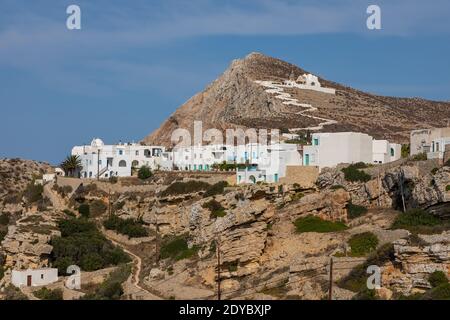 View of the Church of Virgin Mary, of Panaghia, above the village of Chora on Folegandros island, Greece. Stock Photo