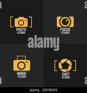 Golden camera logo collection isolated on black. Gold photo sign photograph logo. Logotype camera vector illustration Stock Vector