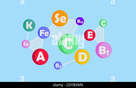 Vitamin and mineral complex for health. Healthy food nutrition and diet with vitamins and minerals. Medical multicolored capsules with vitamins title Stock Vector