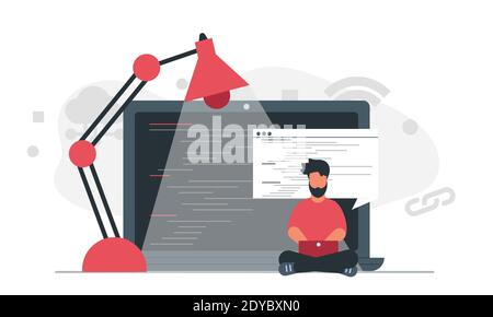 A male programmer is typing a code on his laptop. Professional people office work typing code at the computer vector illustration concept Stock Vector