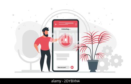Speech to text technology illustration concept. A man translates speech into text online using the phone, light conversation with people. Online conve Stock Vector