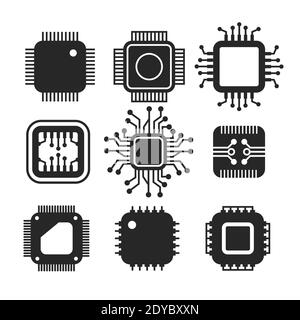Modern cpu collection with flat icon design in black color. Electronic processor chip hardware. Tech cpu processor unit set isolated on white Stock Vector