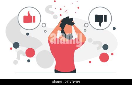 Choose a conceptual illustration with people. A man thinks and chooses what to do. Dilemma and people good decision vector illustration Stock Vector