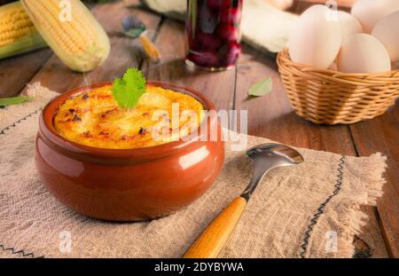 Choclo - Traditional Chilean Pie or Pastry - Meat, corn, egg, chicken Stock Photo
