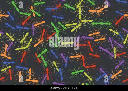 Color Ants Illustration Seamless Pattern on Gray Background Stock Vector