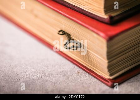 A old beautiful heart key with lays between the pages of a old book. Stock Photo