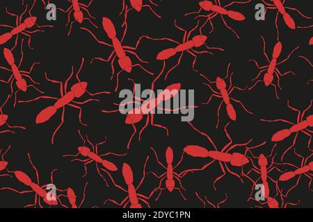 Red Ants Illustration Seamless Pattern on Black Background Stock Vector