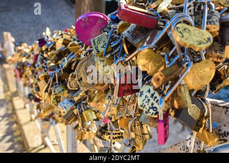 A selective focus shot of various clove locks on the bridge in Paris, France Stock Photo