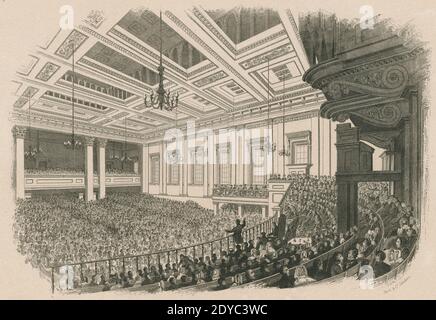 Antique c1860 engraving, “May Meeting” in Exeter Hall. Exeter Hall was a hall on the north side of the Strand, London, England. SOURCE: ORIGINAL ENGRAVING Stock Photo