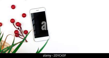 Desktop with smartphone and houseplant leaves, minimal creative concept on white isolated background, copy space photo Stock Photo
