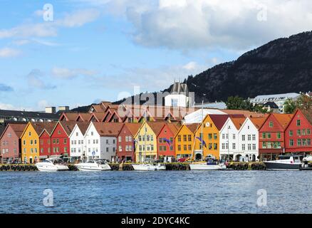 Bergen, Norway. View of historical buildings in Bryggen- Hanseatic wharf in Bergen, Norway. UNESCO World Heritage Site Stock Photo