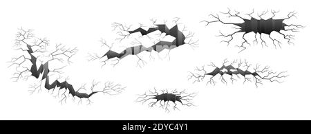 Set of ground or walls crack effect, earth cracking. Monochrome isolated vector illustration.Black hole in ground. Earthquake, destruction concept. Stock Vector