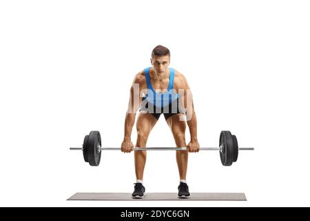 Strong guy lifting heavy weights and looking at camera isolated on white background Stock Photo