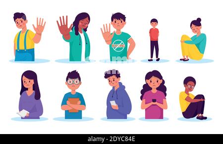 group of young persons victims of bullying characters vector illustration design Stock Vector