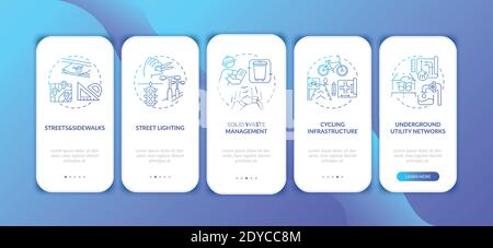 City infrastructure dark blue onboarding mobile app page screen with concepts Stock Vector
