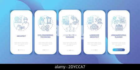 Civil engineering specialist dark blue onboarding mobile app page screen with concepts Stock Vector