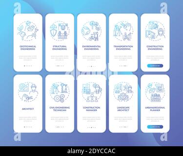 Engineering expertise types dark blue onboarding mobile app page screen with concept set Stock Vector