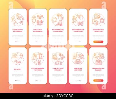 Engineering expertise types red onboarding mobile app page screen with concept set Stock Vector