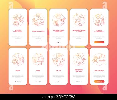 Blood test advices onboarding mobile app page screen with concepts set Stock Vector