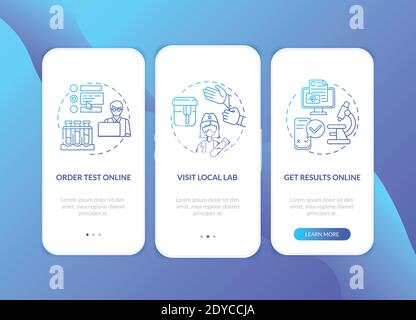 Lab test ordering steps onboarding mobile app page screen with concepts Stock Vector